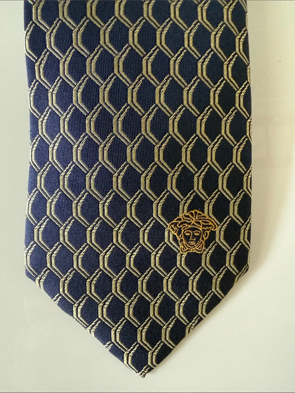 Versace Navy and Gold Geometric Silk Tie